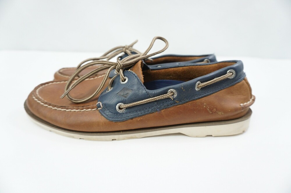 Sperry Gold A/O 2-Eye Used Men 9.5 M Brown/Navy Blue Leather Boat/Deck Shoes